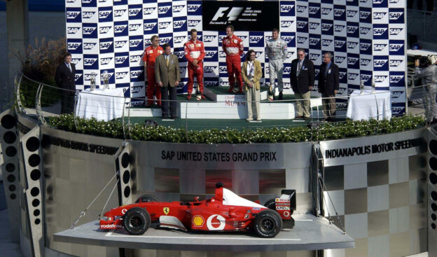 Podium 2002 US F1 GP: 1. Barrichello 2. Schumacher 3. Coulthard