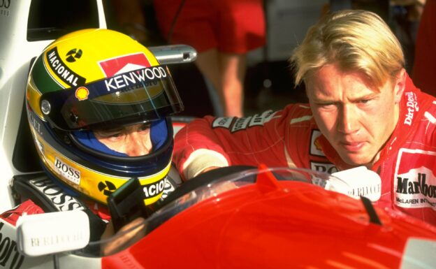 Ayrton Senna and Mika Hakkinen before the Portuguese Grand Prix at the Estoril circuit in Portugal (1993)