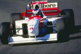 Mika Hakkinen testing the McLaren MP4-11 Mercedes at Estoril, Portugal (1996).