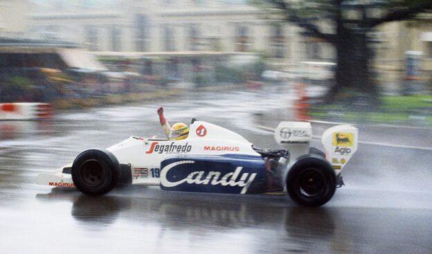 1984 Monaco F1 GP Senna driving the Toleman TG184 Hart