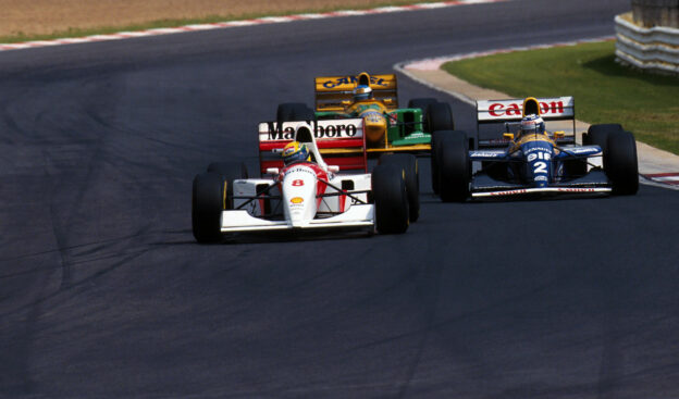 Ayrton Senna, Alain Prost and Michael Schumacher racing each other.