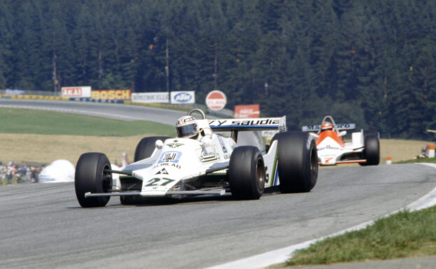 Alan Jones, Williams FW07-Ford leads John Watson's McLaren M26. 1979 Austrian GP, Osterreichring