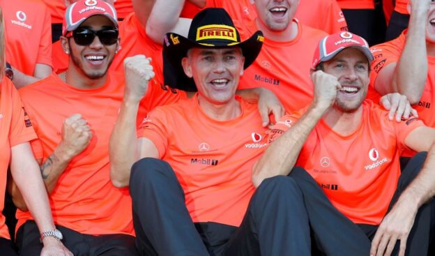 Lewis Hamilton, Martin Whitmarsh and Jenson Button celebrating succes