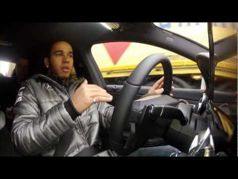 Lewis Hamilton driving new Mercedes CLA in Stuttgart