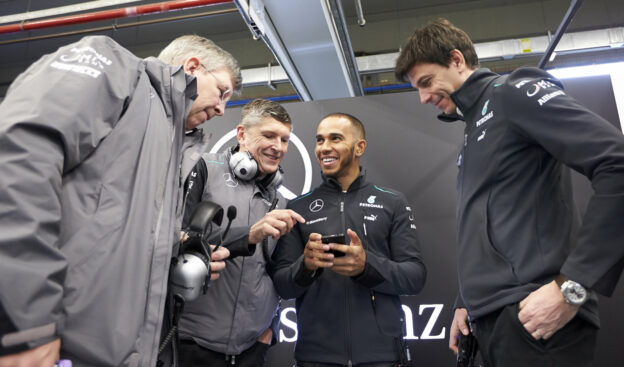 Lewis Hamilton with Mercedes Bosses, Ross Brawn, Nick Fry & Toto Wolff