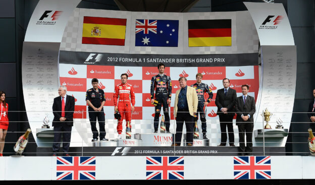 2012 British F1 GP podium: 1. Webber 2. Alonso 3. Vettel