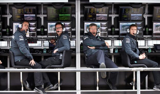 Mercedes pit wall with Ross Brawn