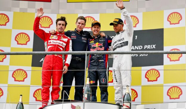 2013 Belgian F1 GP podium: 1. Vettel 2. Alonso 3. Hamilton