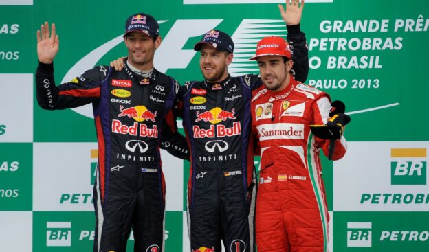 2013 Brazil F1 GP podium: 1. Vettel 2. Webber 3. Alonso