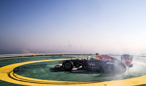 David Coulthard doing burnouts on heli platform