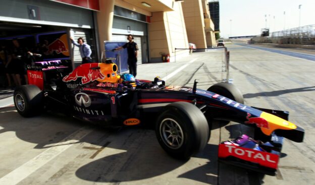 Sebastian Vettel drives his Red Bull RB10 out of garage in Bahrain