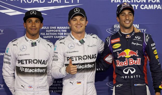 Top 3 qualifiers 2014 Bahrain F1 GP: 1. Rosberg 2. Hamilton 3. Ricciardo