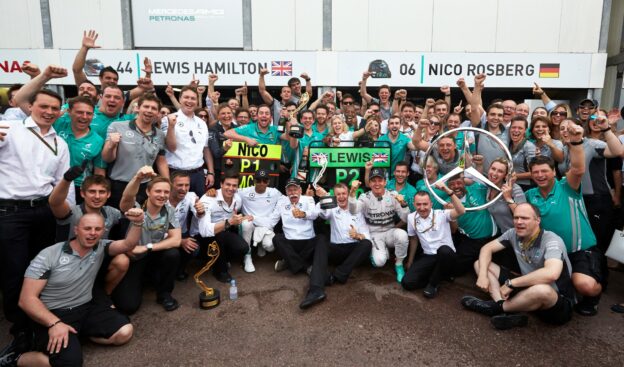 Mercedes F1 team celebration after 1-2 finish in Monaco (2014)