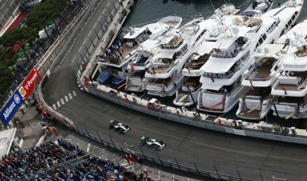 Hamilton & Rosberg driving the Mercedes W06 at Monaco