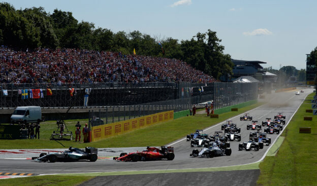 All cars going into the first chicane after the start of the 2015 Italian F1 GP