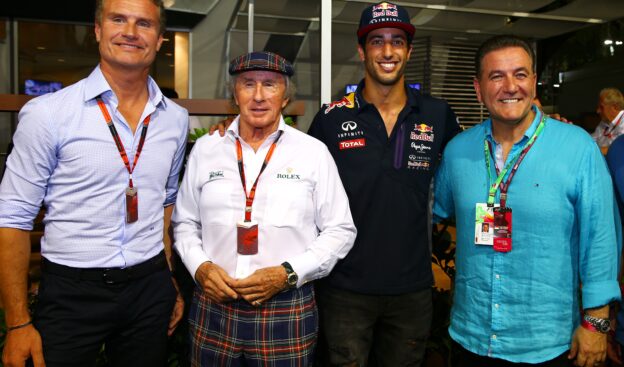 David Coulthard, Sir Jackie Stewart, Daniel Ricciardo and Australia's Minister for Sport, John Eren