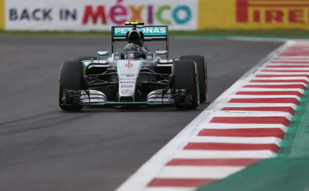 Nico Rosberg drives on Autodromo Hermanos Rodriguez in Mexico