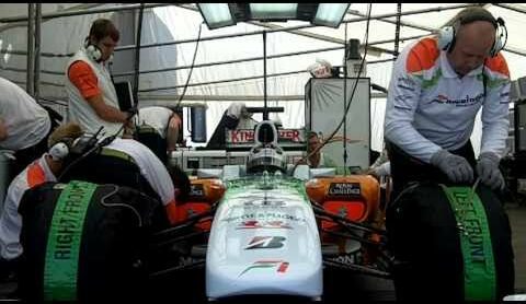 Force India F1 car being cooled down in the garage