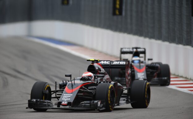 Jenson Button leads Fernando Alonso (McLaren-Honda MP4-30)