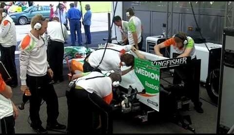 The Force India F1 teams car being prepared for the Aero test