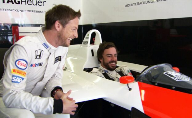 Driving the MP4/4 – Jenson and Fernando reaction