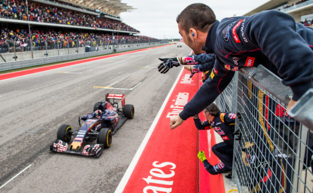 Scuderia Toro Rosso celebrate Max Verstappen finishing in 4th place at the 2015 United States F1 GP at Circuit of The Americas