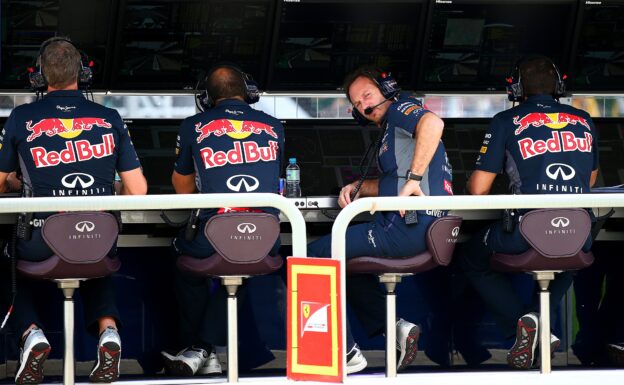 Red Bull Racing Team Principal Christian Horner looks from the pit wall