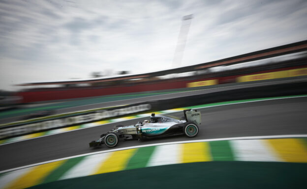 Lewis Hamilton driving on Interlagos with the Mercedes W06