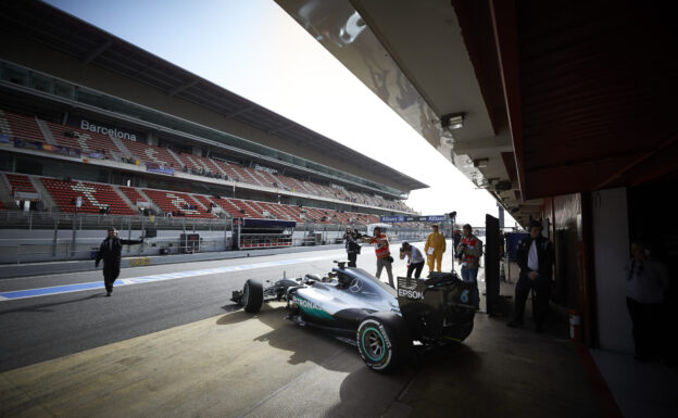 Lewis Hamilton driviing the Mercedes W07 out of the garage