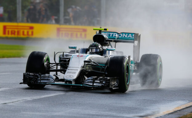 Nico Rosberg driving in the rain with is Mercedes W07