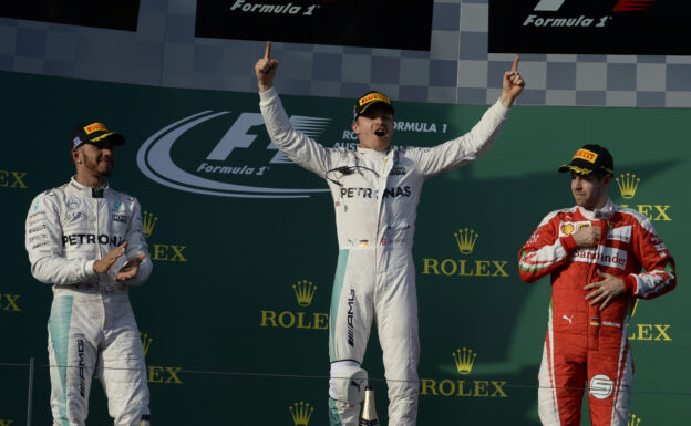 2016 Australia F1 GP podium: 1. Nico Rosberg, 2. Lewis Hamilton, 3. Sebastian Vettel