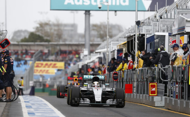 Lewis Hamilton driving out of the pit in Melbourne, Australia