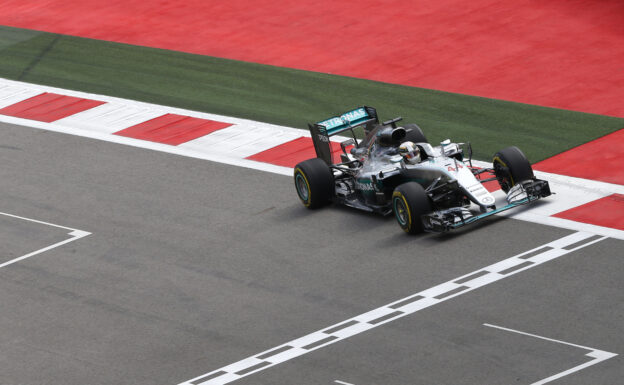 Lewis Hamilton driving in his Mercedes W07 at Sochi Street Circuit in Russia