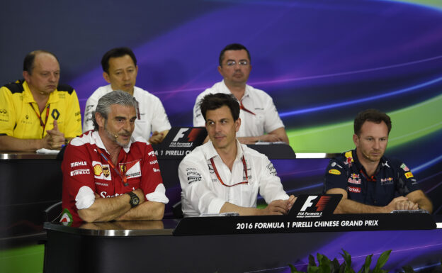 6 F1 team principals: (L to R) Frédéric Vasseur, Eric Boullier, Maurizio Arrivabene, Toto Wolff and Christian Horner