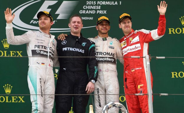 2015 Chinese grand prix podium: 1. Hamilton 2. Rosberg 3. Vettel