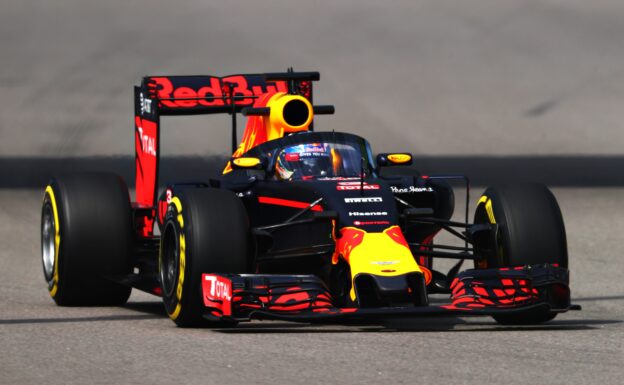 Daniel Ricciardo driving the Red Bull RB12 fitted with the aeroscreen on track during practice