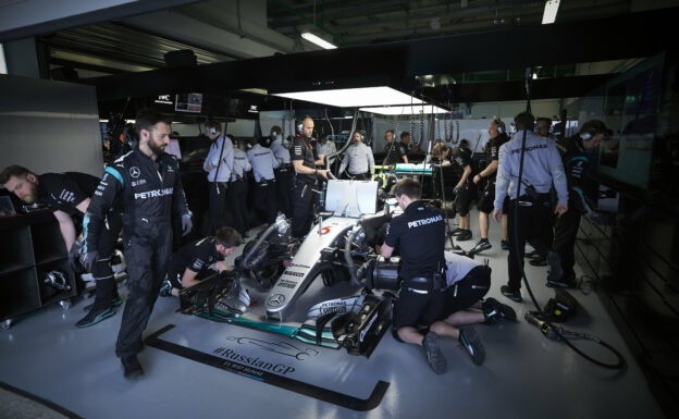 Nico Rosberg's Mercedes W07 in the garage in Russia