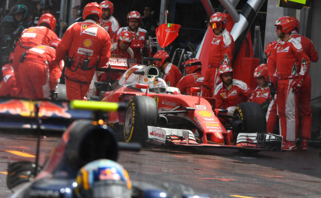 Sebastian Vettel leving the pit in his Ferrari SF16-H