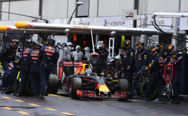 Daniel Ricciardo leaving the pit in his Red Bull RB12