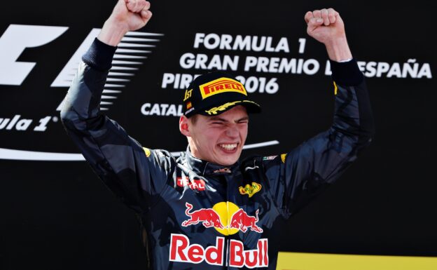 Max Verstappen celebrates his win on the podium during the Spanish Formula One Grand Prix at Circuit de Catalunya on May 15