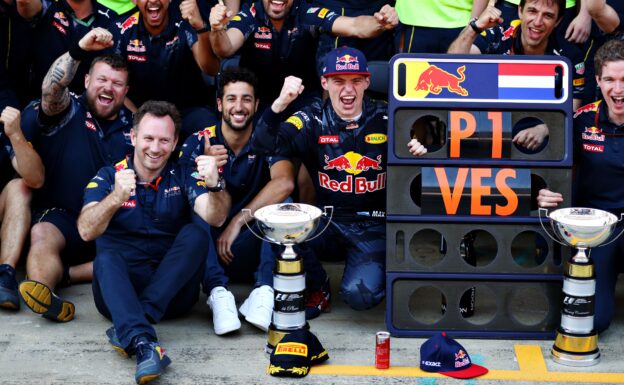 Max Verstappen celebrates his first F1 win with Daniel Ricciardo of Australia and Red Bull Racing Team