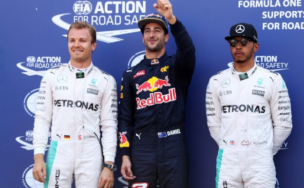 Top three qualifiers, Daniel Ricciardo, Nico Rosberg and Lewis Hamilton