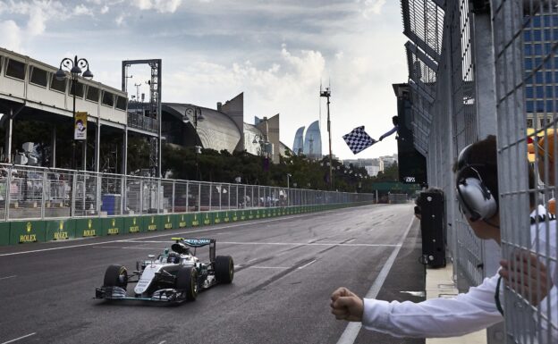 Nico Rosberg wins in his Mercedes W07 the first ever European F1 GP at Baku