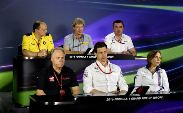 F1 team bosses during press conferance (L-R) - Frédéric Vasseur (Renault) - Eric Boullier (McLaren) - Gene Haas (Haas) - Toto Wolff (Mercedes) - Claire Williams (Williams)