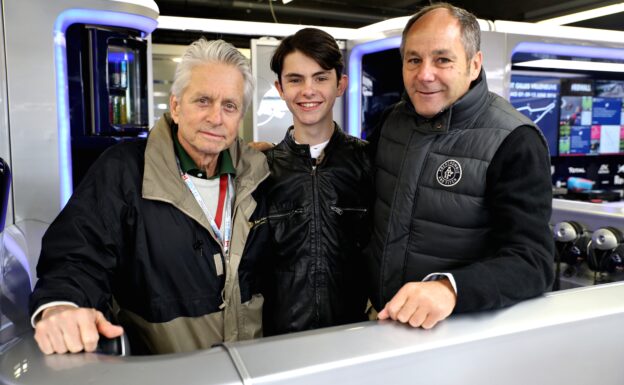 Michael Douglas, with son Dylan Michael Douglas and Gerhard Berger in the Red Bull Racing garage during the Canadian F1 GP