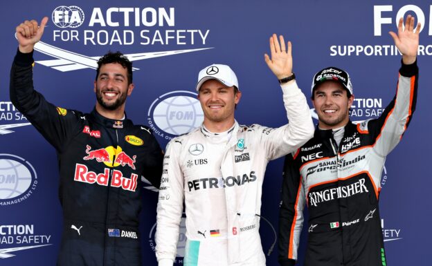 Top three qualifiers, 1. Rosberg 2. Perez 3. Ricciardo