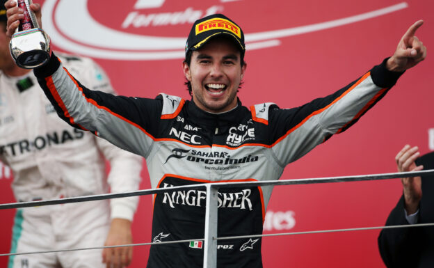 Sergio Perez celebrates his 3rd place