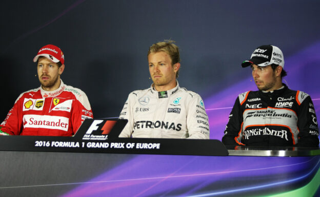 Winners at press conferance (L-R) Vettel - Rosberg - Perez