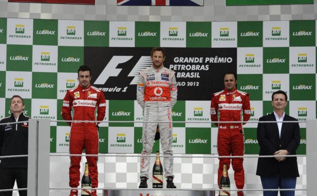 2012 Brazilian GP podium: 1. Button, 2. Alonso 3. Massa last win for Button and McLaren