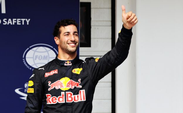 Daniel Ricciardo gives the crowd a thumbs up after qualifying in third position during qualifying for the Formula One Grand Prix of Hungary 2016.